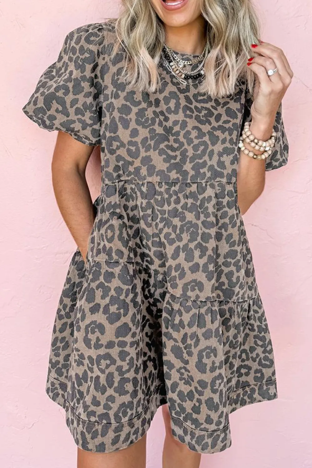 Fashion Dear-Lover Denim Leopard Printed Short Puff Sleeve Mini Dress Brown