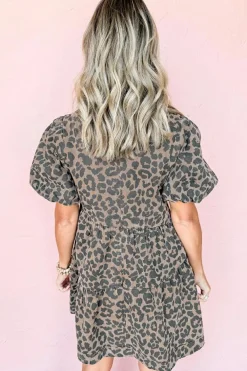 Fashion Dear-Lover Denim Leopard Printed Short Puff Sleeve Mini Dress Brown