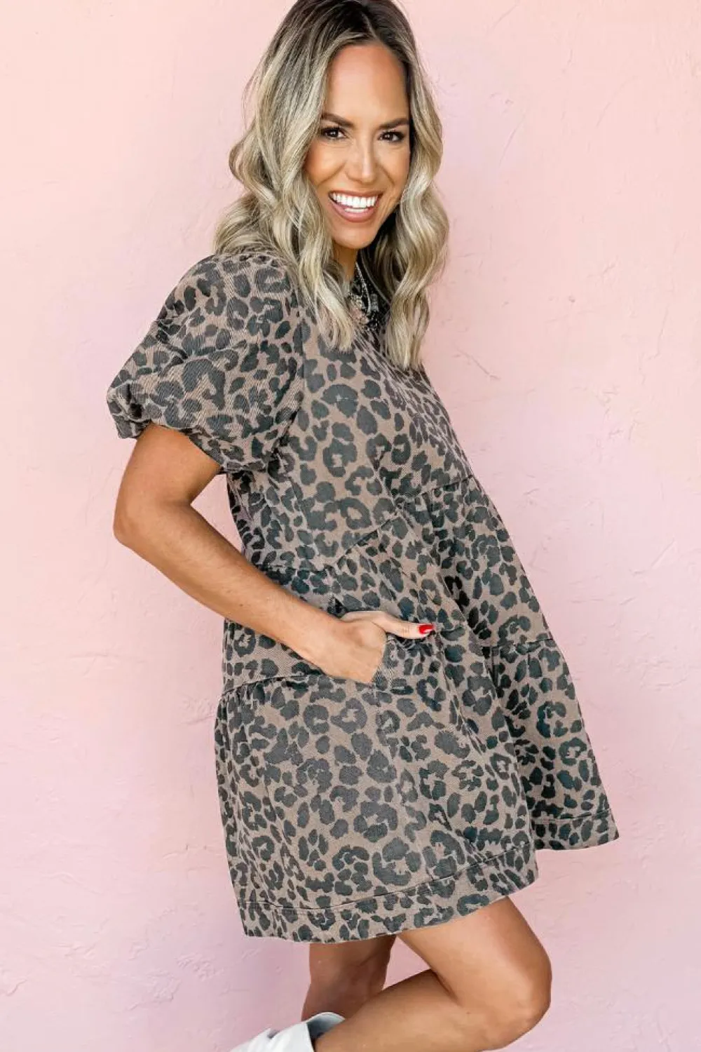 Fashion Dear-Lover Denim Leopard Printed Short Puff Sleeve Mini Dress Brown