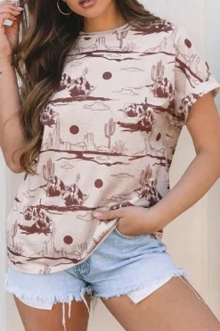 Sale Dear-Lover Desert Sand Print Short Sleeve Knit Top Brown