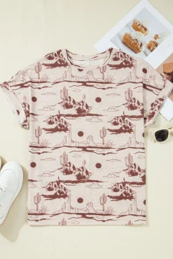 Sale Dear-Lover Desert Sand Print Short Sleeve Knit Top Brown