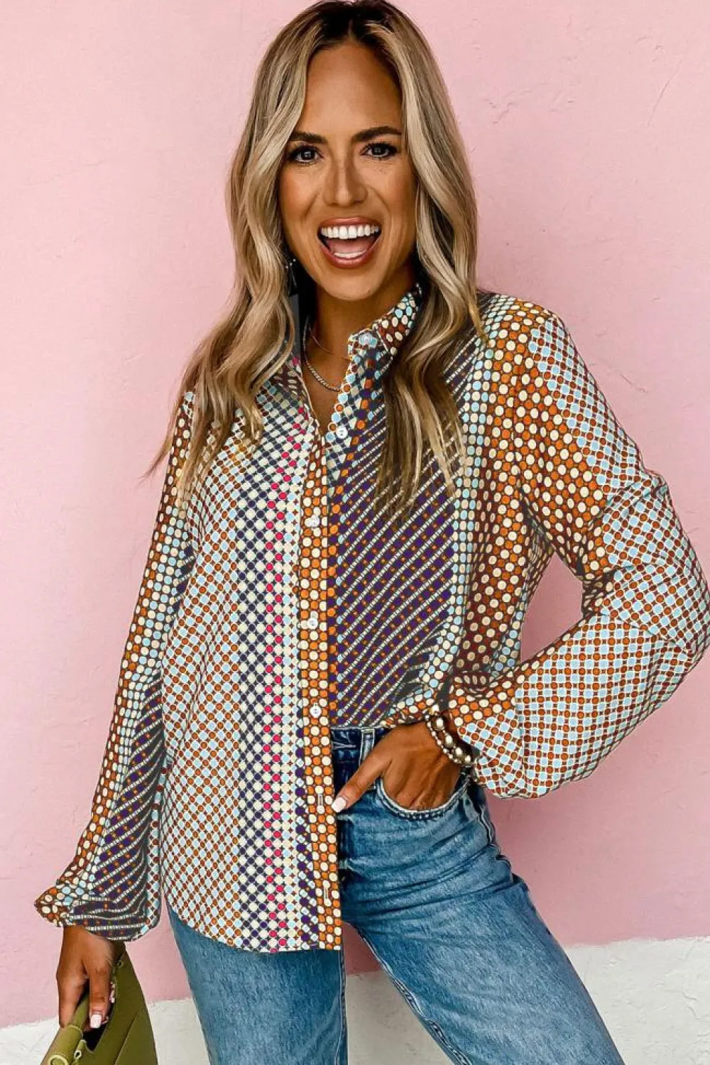 Online Dear-Lover Dot Print Long Sleeve Button Down Shift Shirt Brown