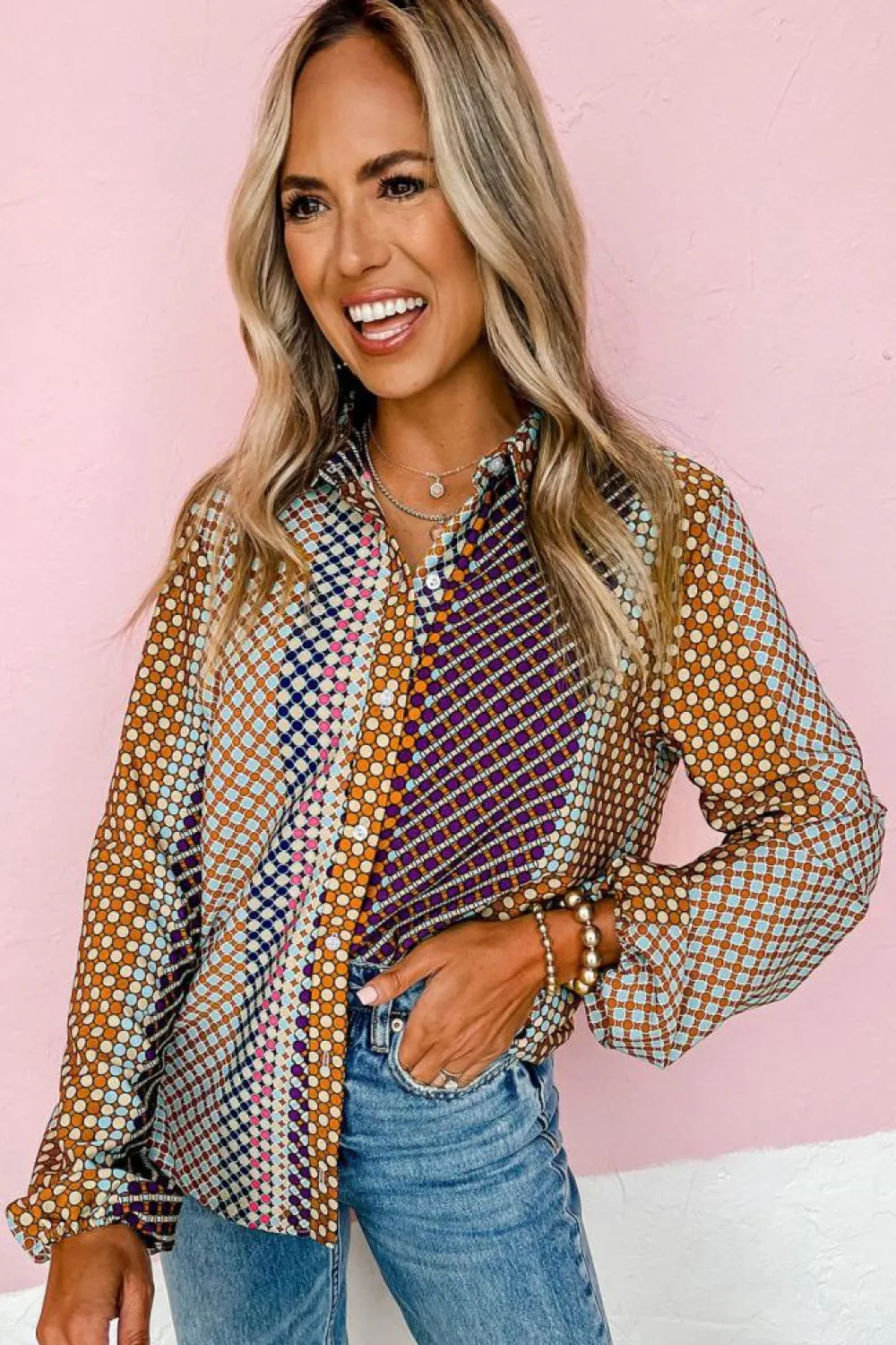 Online Dear-Lover Dot Print Long Sleeve Button Down Shift Shirt Brown