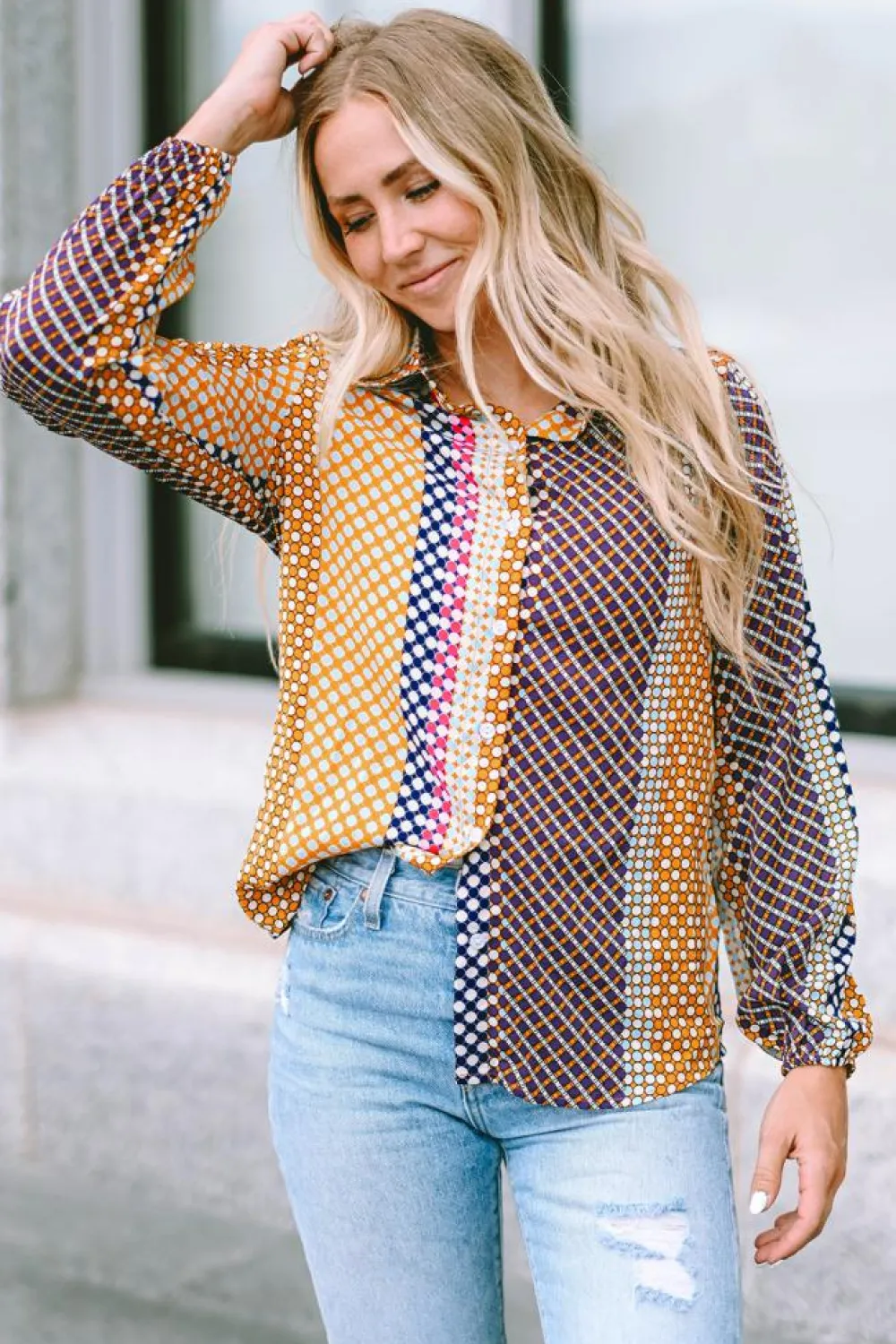 Online Dear-Lover Dot Print Long Sleeve Button Down Shift Shirt Brown