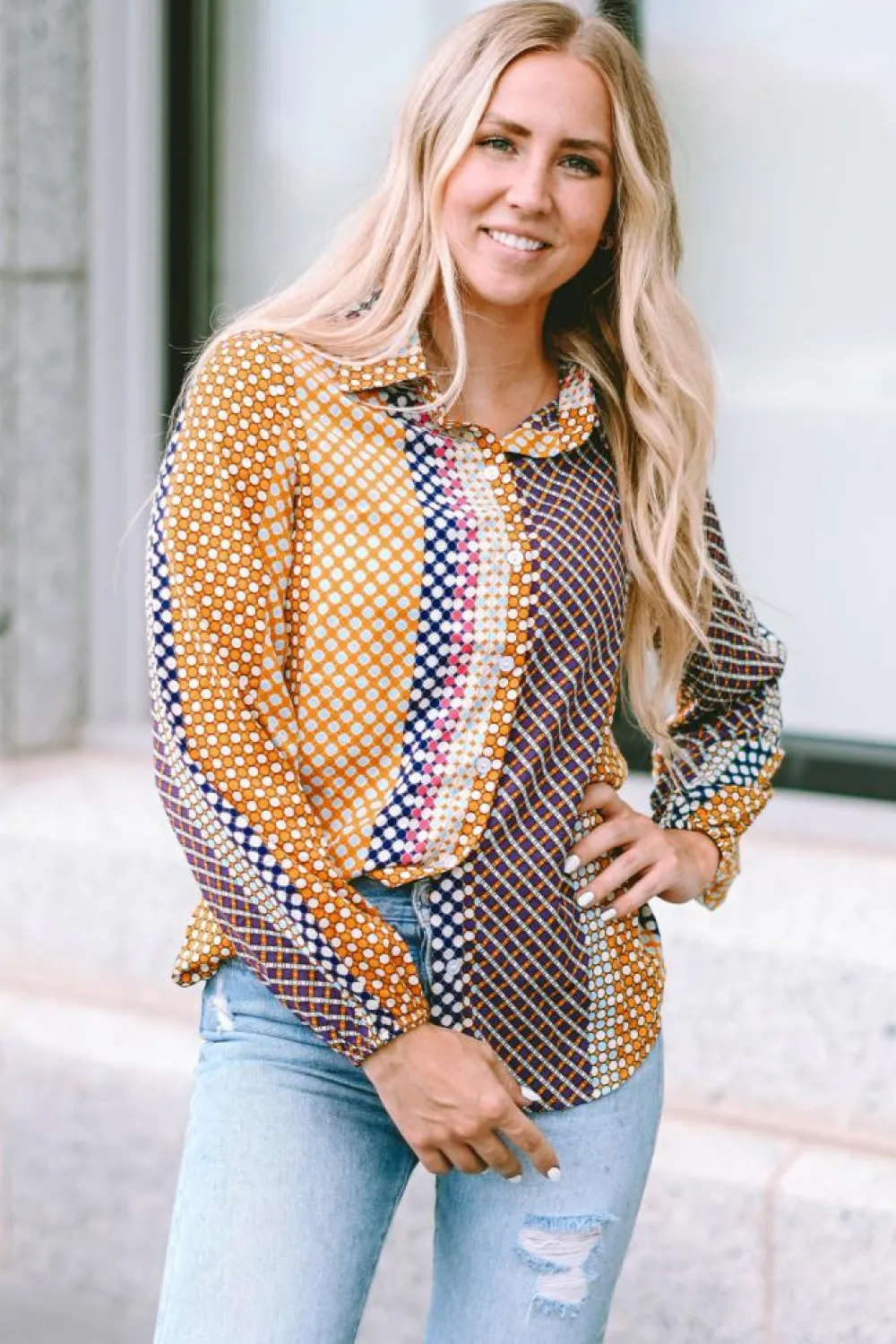 Online Dear-Lover Dot Print Long Sleeve Button Down Shift Shirt Brown