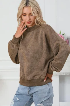 Best Dear-Lover Drop Shoulder Crew Neck Pullover Sweatshirt Brown