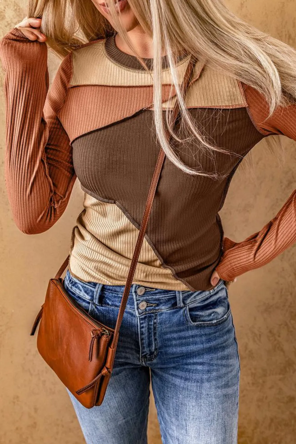 New Dear-Lover Expose Seam Color Block Ribbed Knit Top Brown