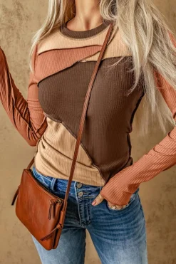 New Dear-Lover Expose Seam Color Block Ribbed Knit Top Brown