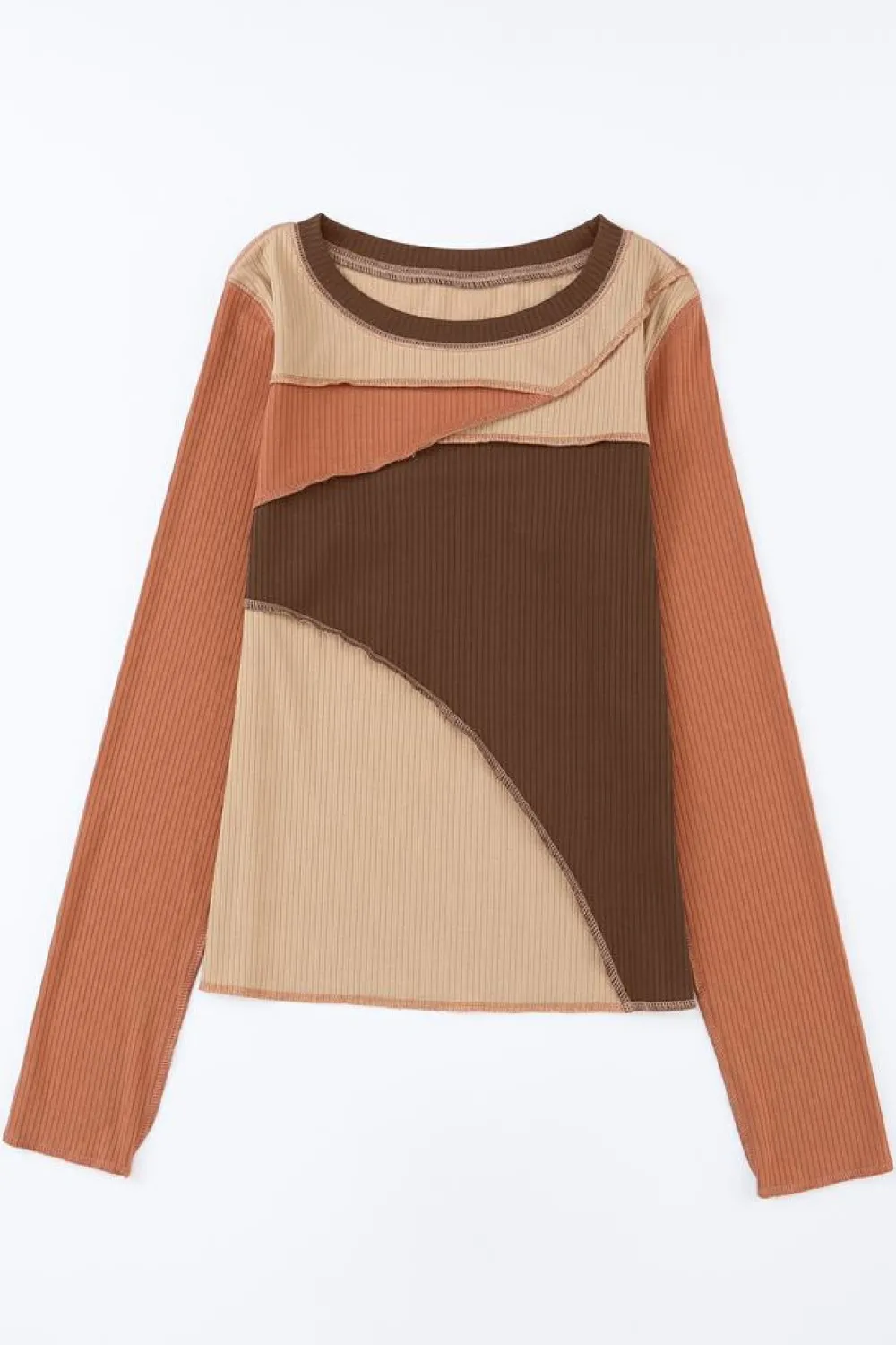 New Dear-Lover Expose Seam Color Block Ribbed Knit Top Brown