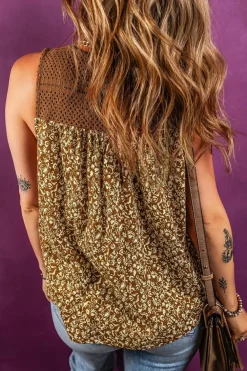 Discount Dear-Lover Eyelet Knit Yoke Patchwork Printed Flowy Fit Tank Top Brown