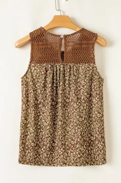 Discount Dear-Lover Eyelet Knit Yoke Patchwork Printed Flowy Fit Tank Top Brown