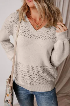 Clearance Dear-Lover Eyelet Pattern Detail V Neck Drop Shoulder Sweater Brown