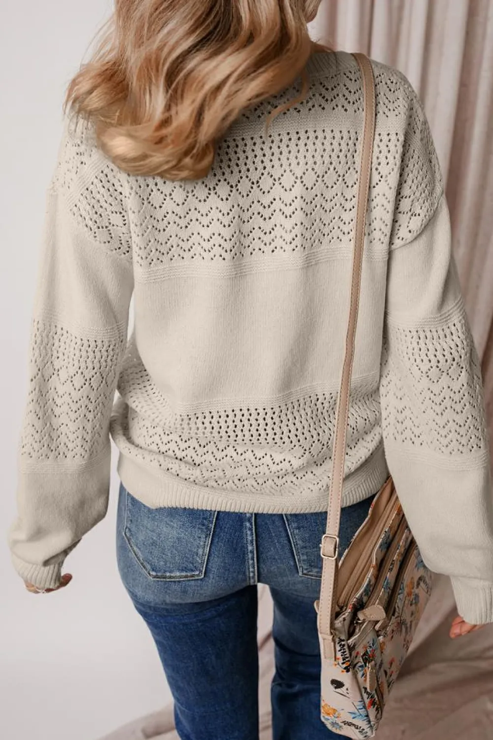 Clearance Dear-Lover Eyelet Pattern Detail V Neck Drop Shoulder Sweater Brown