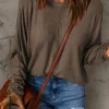 Sale Dear-Lover Fiery Solid Color Patchwork Long Sleeve Top Brown
