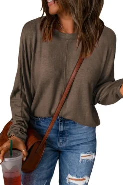 Sale Dear-Lover Fiery Solid Color Patchwork Long Sleeve Top Brown