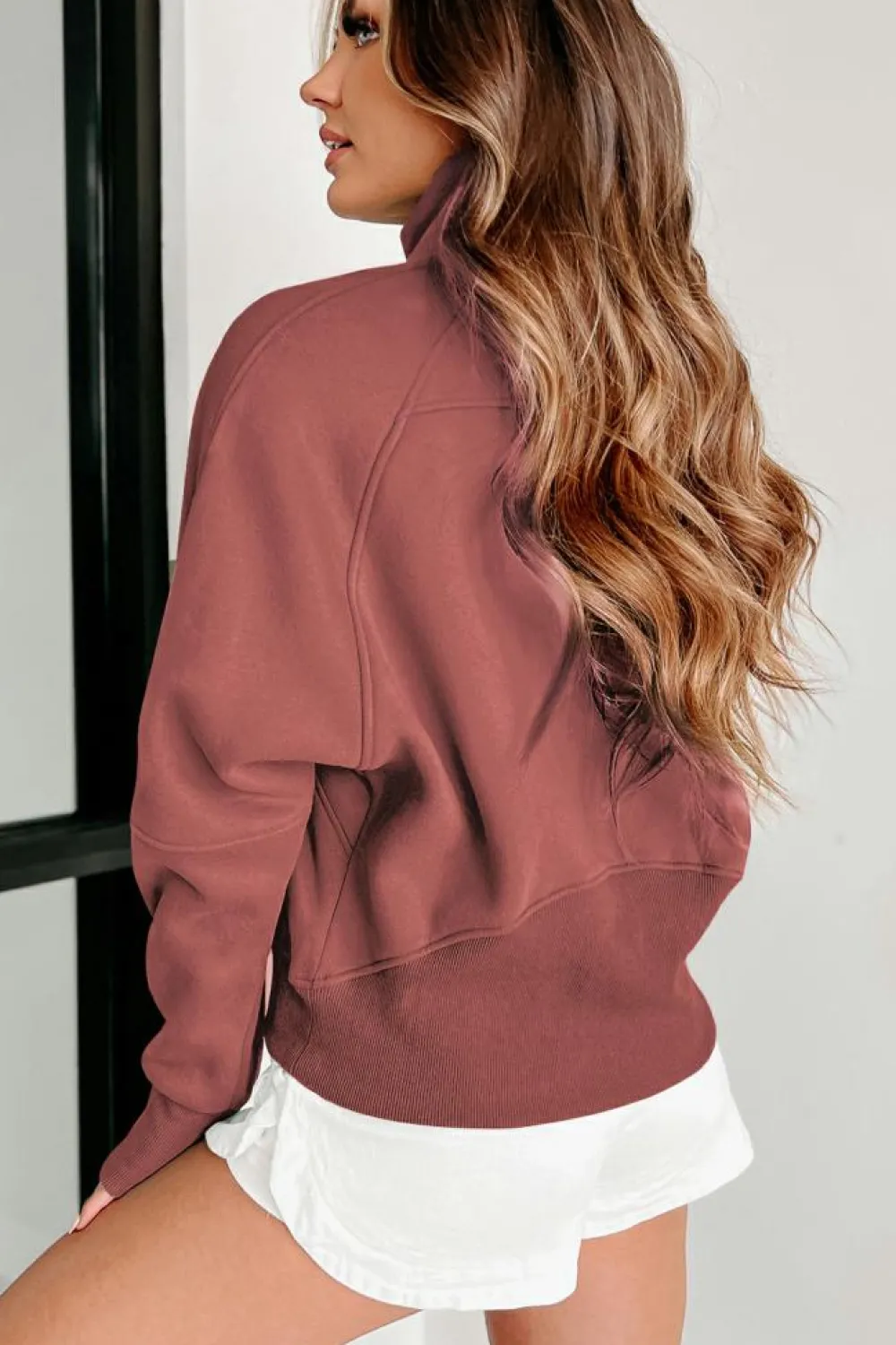Online Dear-Lover Fleece Lined Zip Up Stand Collar Thumbhole Sleeve Sweatshirt Brown