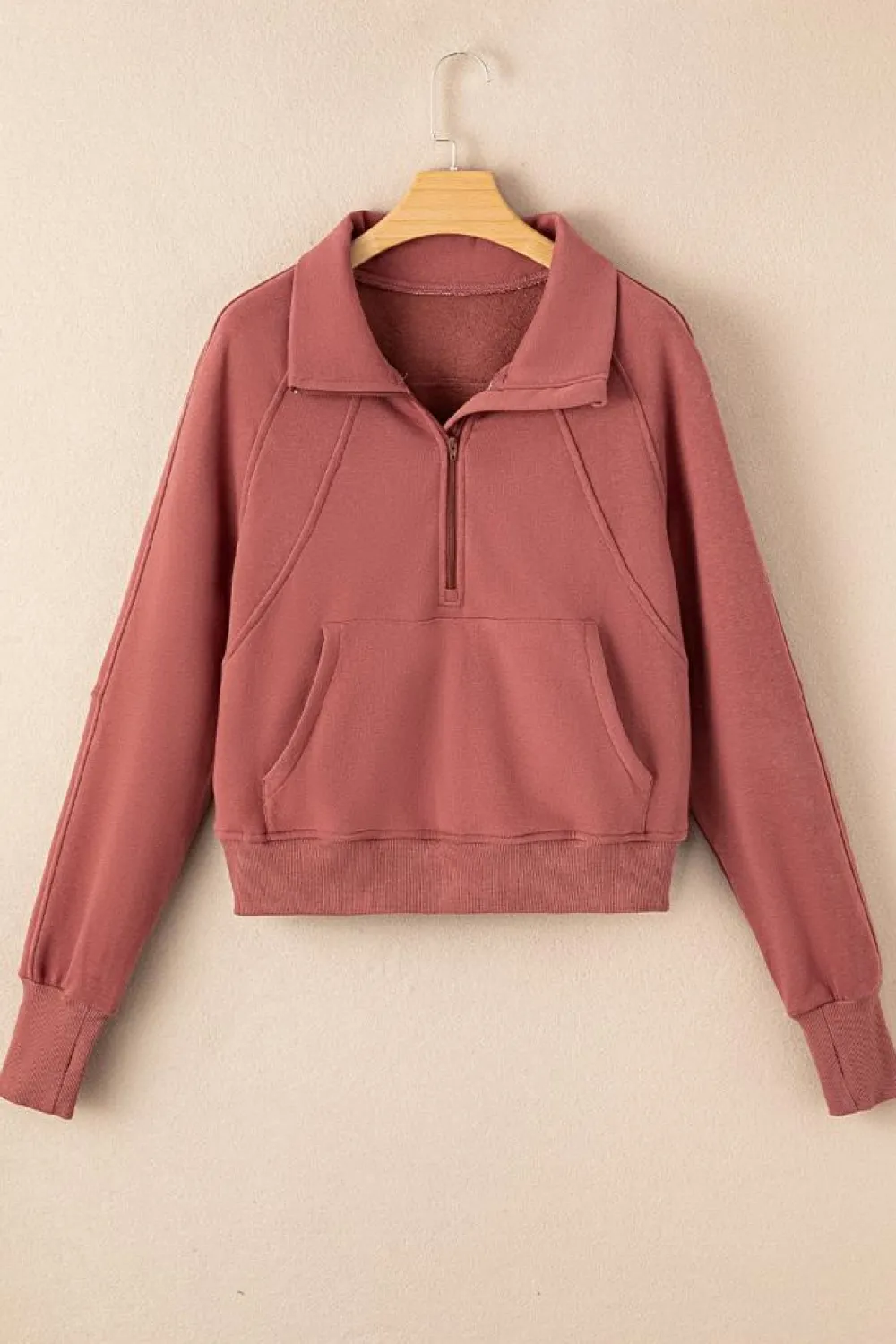 Online Dear-Lover Fleece Lined Zip Up Stand Collar Thumbhole Sleeve Sweatshirt Brown