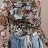 Best Dear-Lover Floral Long Sleeve High Neck Sheath Mesh Blouse Brown