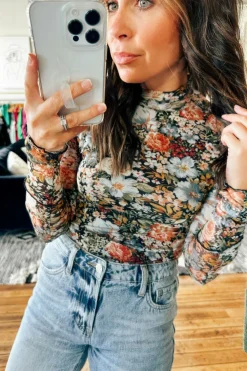Best Dear-Lover Floral Long Sleeve High Neck Sheath Mesh Blouse Brown