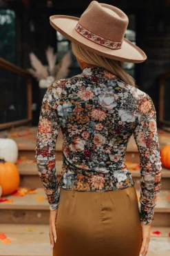 Best Dear-Lover Floral Long Sleeve High Neck Sheath Mesh Blouse Brown