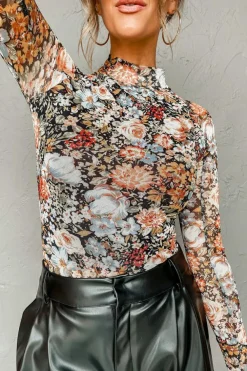 Best Dear-Lover Floral Long Sleeve High Neck Sheath Mesh Blouse Brown