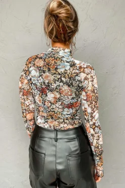 Best Dear-Lover Floral Long Sleeve High Neck Sheath Mesh Blouse Brown