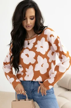 Fashion Dear-Lover Floral Pattern Crew Neck Long Sleeve Loose Sweater Brown