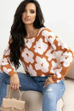 Fashion Dear-Lover Floral Pattern Crew Neck Long Sleeve Loose Sweater Brown