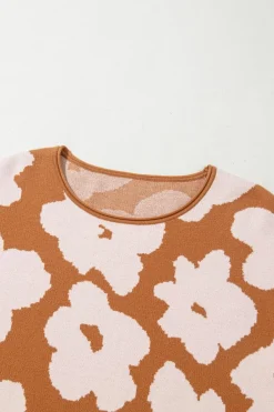 Fashion Dear-Lover Floral Pattern Crew Neck Long Sleeve Loose Sweater Brown