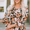 Discount Dear-Lover Floral Print 3/4 Sleeve Babydoll Blouse Brown