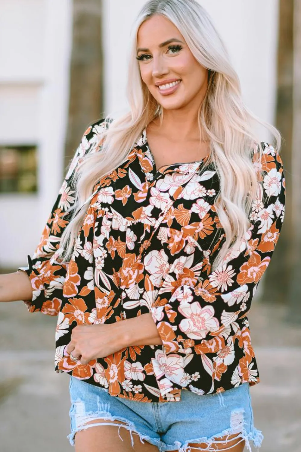 Discount Dear-Lover Floral Print 3/4 Sleeve Babydoll Blouse Brown