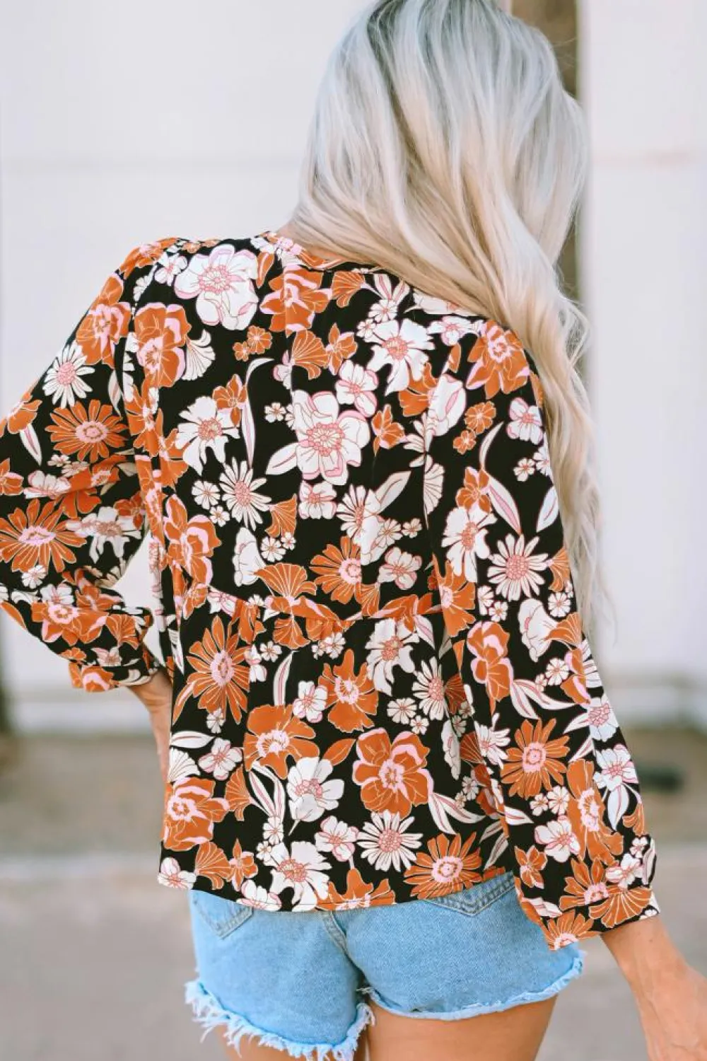 Discount Dear-Lover Floral Print 3/4 Sleeve Babydoll Blouse Brown