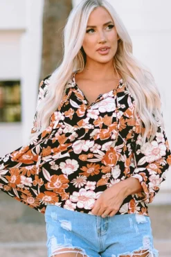 Discount Dear-Lover Floral Print 3/4 Sleeve Babydoll Blouse Brown