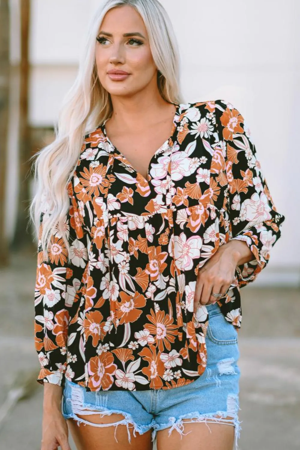 Discount Dear-Lover Floral Print 3/4 Sleeve Babydoll Blouse Brown