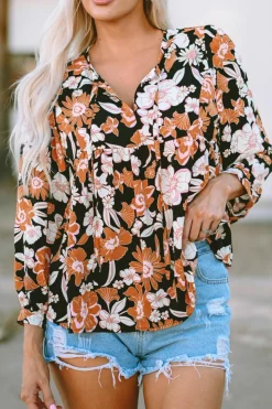 Discount Dear-Lover Floral Print 3/4 Sleeve Babydoll Blouse Brown