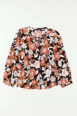 Discount Dear-Lover Floral Print 3/4 Sleeve Babydoll Blouse Brown