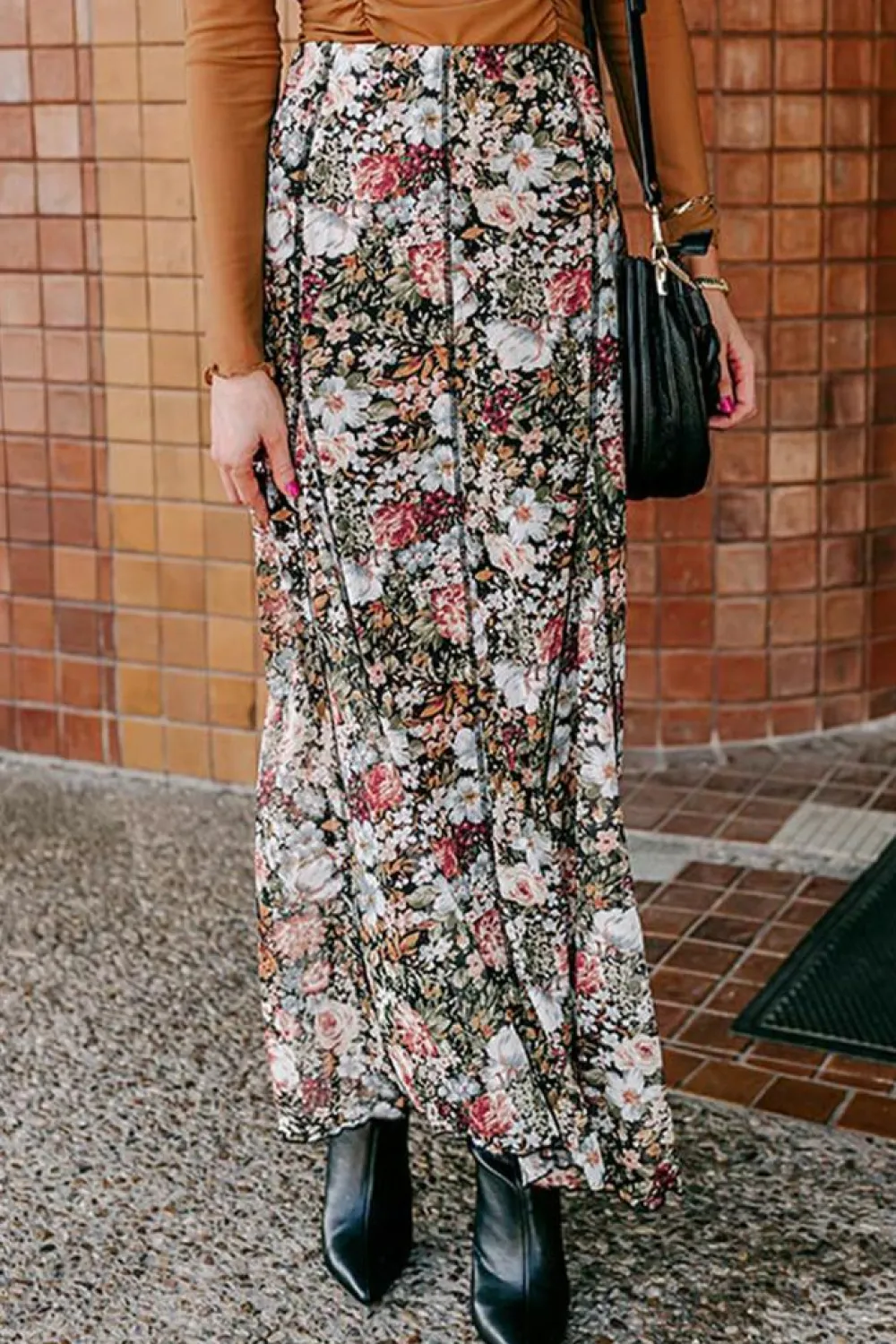 Fashion Dear-Lover Floral Print High Waist Maxi Skirt Brown