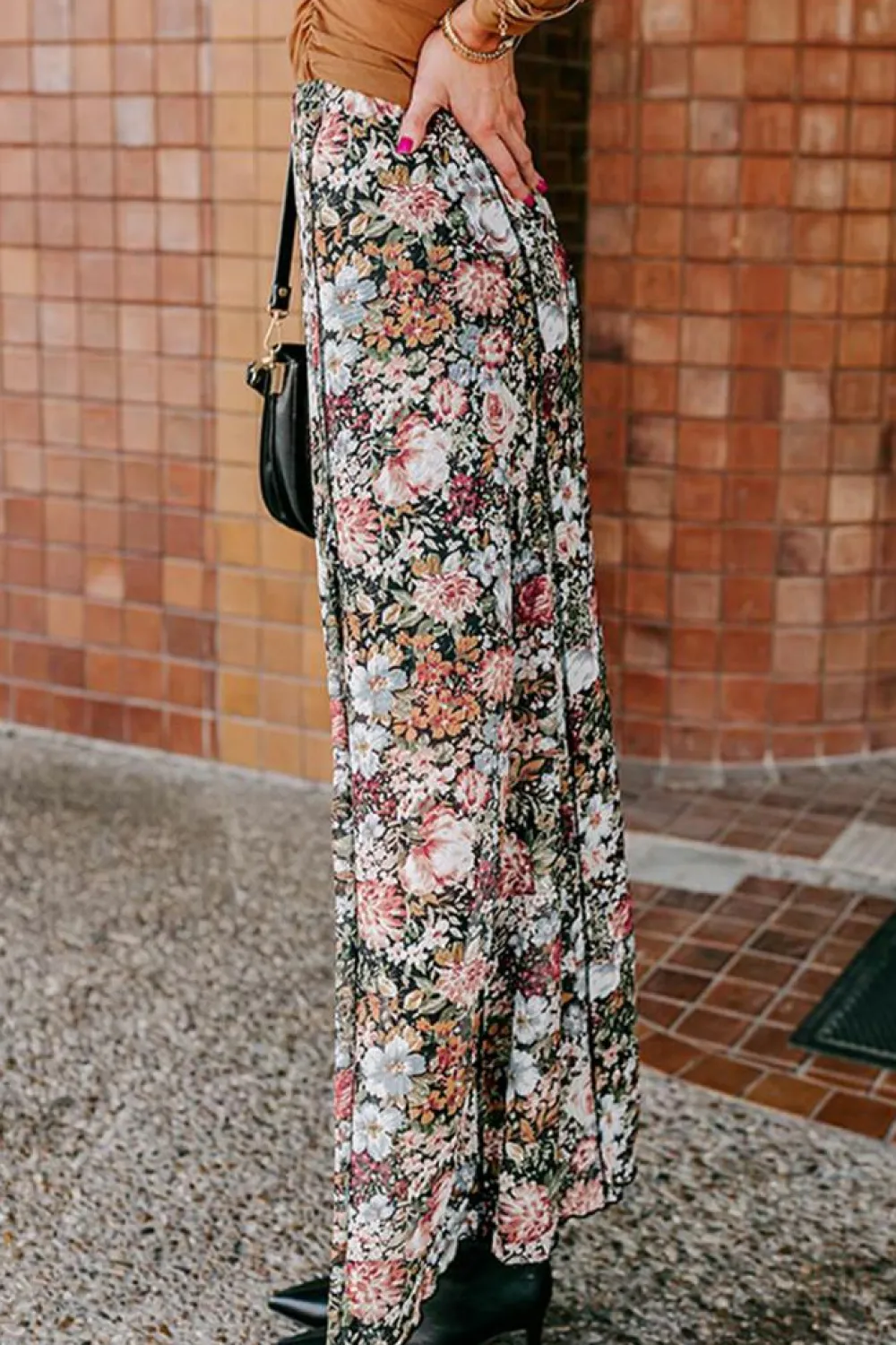 Fashion Dear-Lover Floral Print High Waist Maxi Skirt Brown