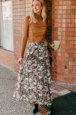 Fashion Dear-Lover Floral Print High Waist Maxi Skirt Brown