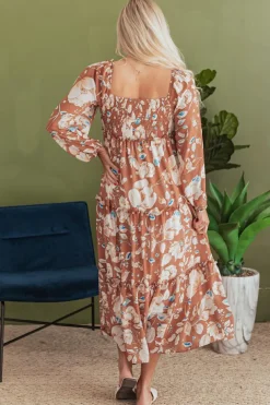 Clearance Dear-Lover Floral Print Shirred Square Neck High Waist Maxi Dress Brown