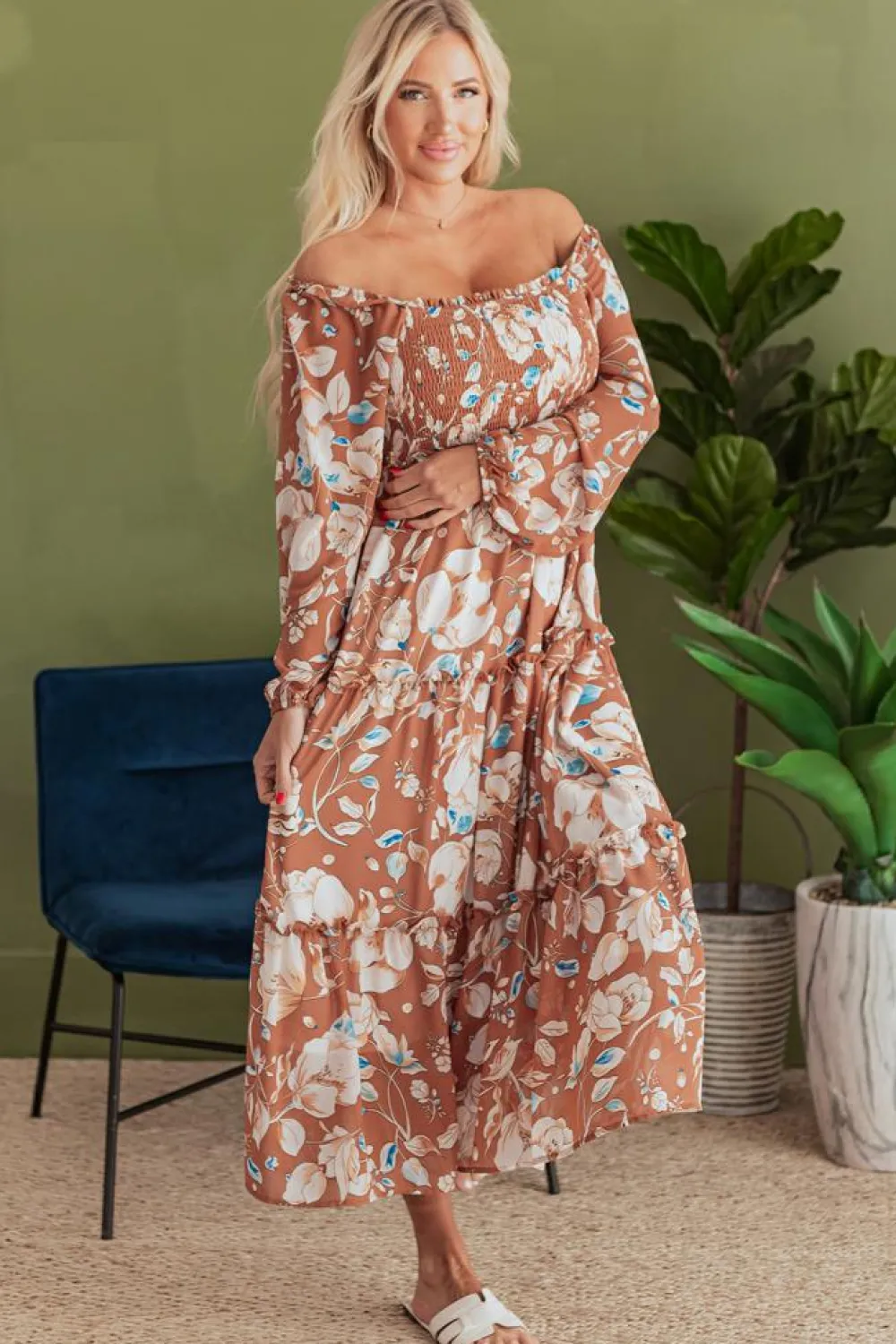 Clearance Dear-Lover Floral Print Shirred Square Neck High Waist Maxi Dress Brown
