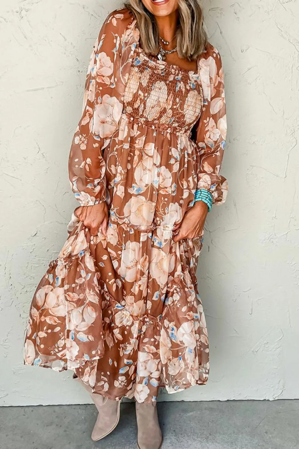 Clearance Dear-Lover Floral Print Shirred Square Neck High Waist Maxi Dress Brown
