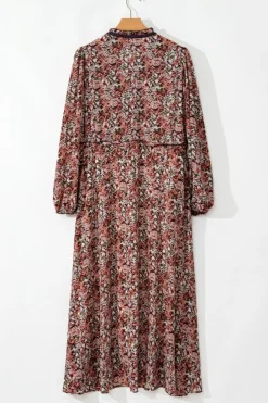 Best Dear-Lover Floral Print Split Front Tiered Frilled V Neck Midi Dress Brown