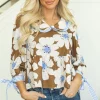 New Dear-Lover Floral Print Striped Tie Sleeve Collared V Neck Blouse Brown
