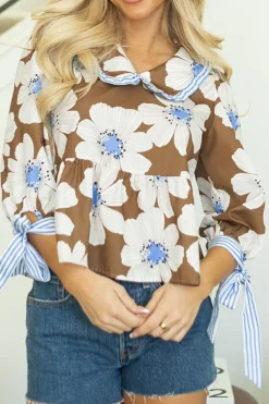 New Dear-Lover Floral Print Striped Tie Sleeve Collared V Neck Blouse Brown