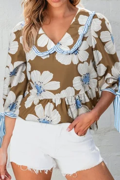 New Dear-Lover Floral Print Striped Tie Sleeve Collared V Neck Blouse Brown