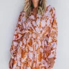 Clearance Dear-Lover Floral Puff Sleeve Smocked Waist Layered Dress Brown