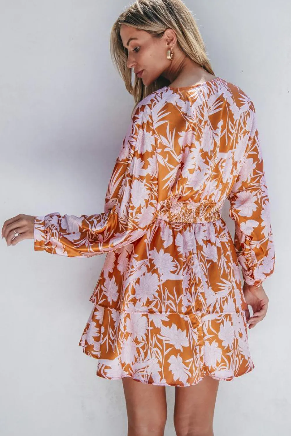 Clearance Dear-Lover Floral Puff Sleeve Smocked Waist Layered Dress Brown