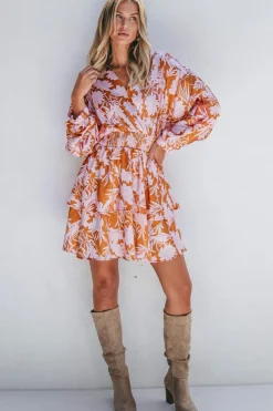 Clearance Dear-Lover Floral Puff Sleeve Smocked Waist Layered Dress Brown