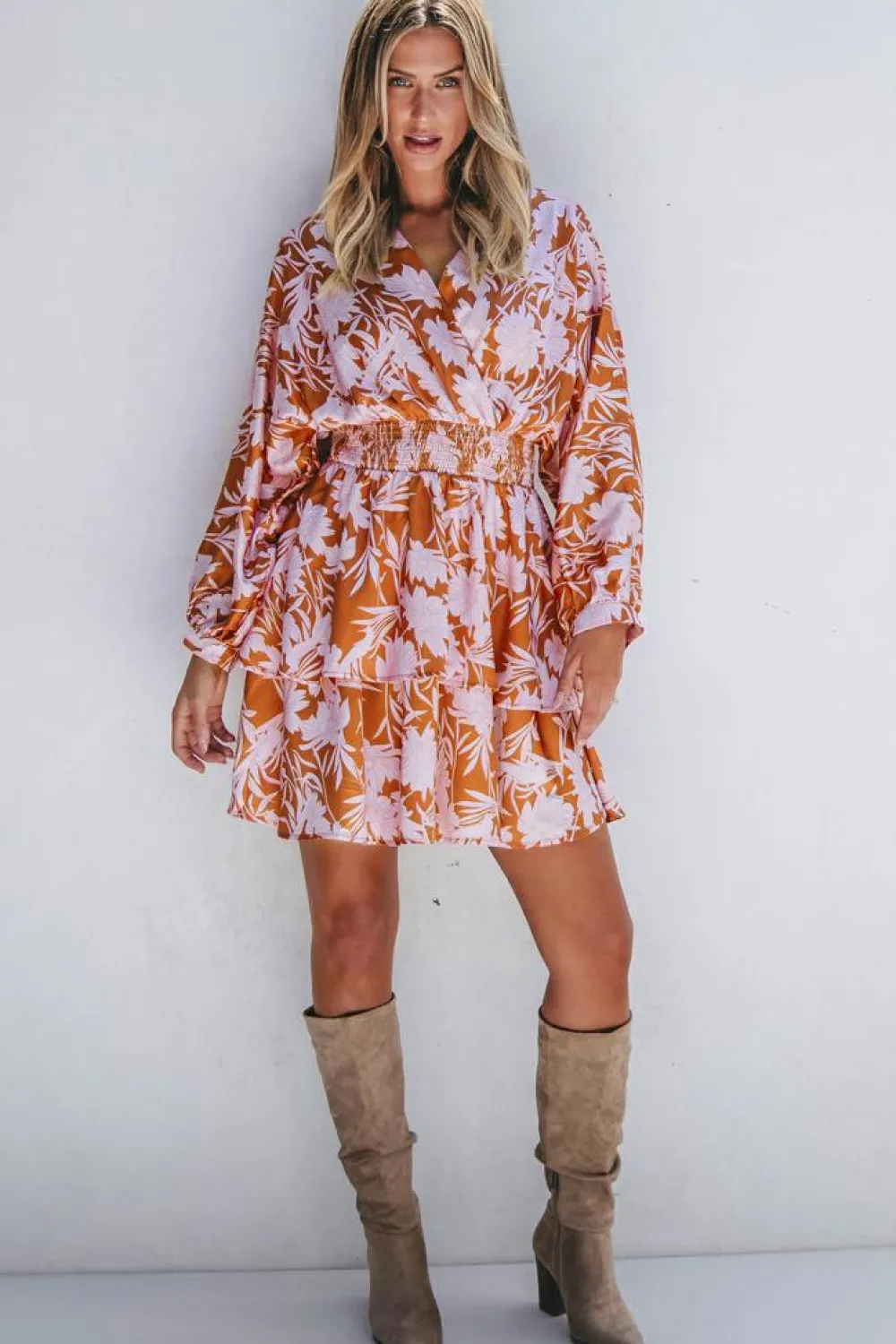 Clearance Dear-Lover Floral Puff Sleeve Smocked Waist Layered Dress Brown